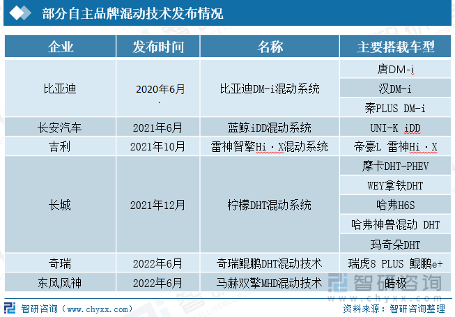 目前我国已有比亚迪、长安汽车、吉利汽车等多个自主品牌在混动技术研发方面取得了一定的进展，比亚迪在混动技术研发方面历史悠久，2003年开始研发，历经四代，2020年6月发布DM-p和DM-i混动系统双平台，DM-i混动系统搭载插混专用发动机骁云发动机，能够做到43.04%的热效率，此外还采用EHS系统和刀片电池，整套系统搭载于2021年新车型秦PlusDM-i、宋PlusDM-i、唐DM-i、宋ProDM-i，2022款宋MAXDM-i、驱逐舰05DM-i等新车型也搭载该套系统。吉利汽车在2021年年底推出雷神动力系统，该系统采用了P1+P3串并联双电机的架构，并取消了独立变速器，典型代表为星越L雷神动力版、帝豪L雷神动力版。