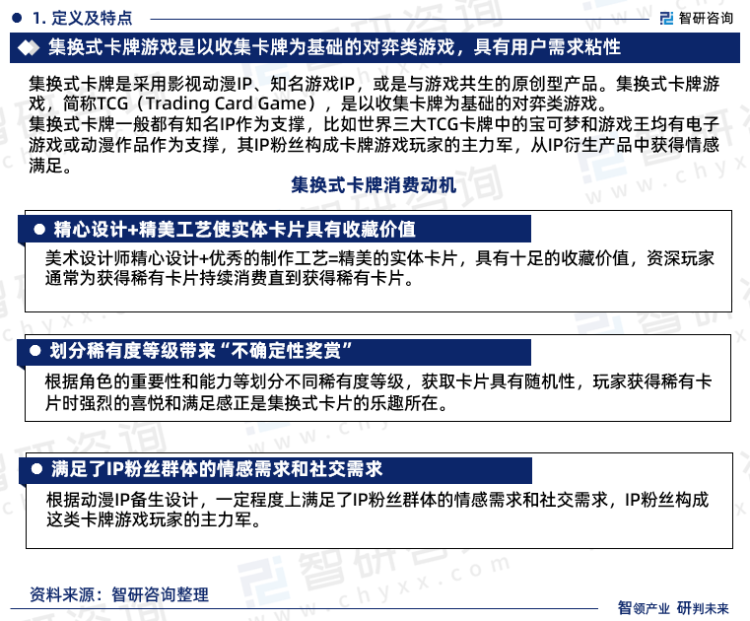 集换式卡牌一般都有知名IP作为支撑，比如世界三大TCG卡牌中的宝可梦和游戏王均有电子游戏或动漫作品作为支撑，其IP粉丝构成卡牌游戏玩家的主力军，从IP衍生产品中获得情感满足。