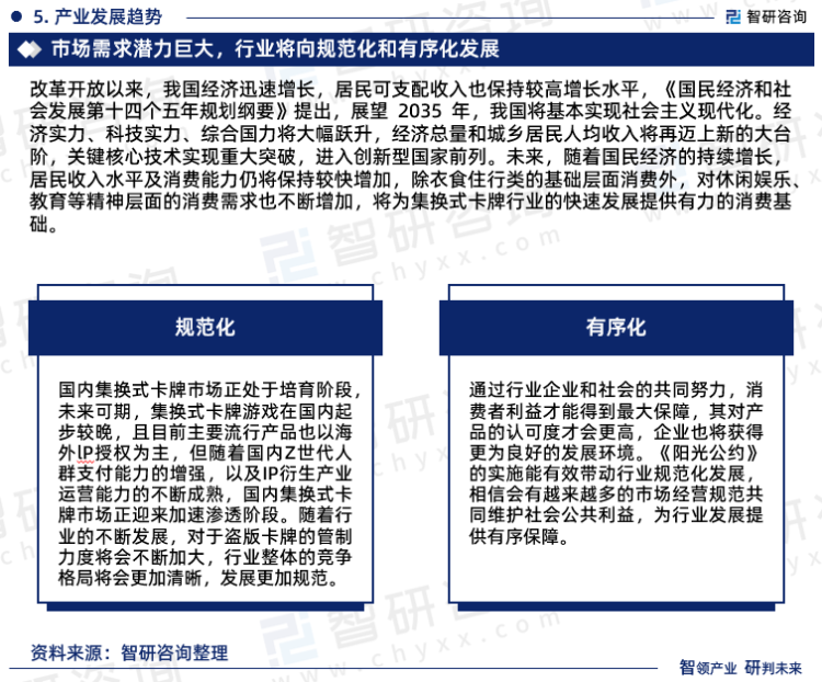 改革开放以来，我国经济迅速增长，居民可支配收入也保持较高增长水平，《国民经济和社会发展第十四个五年规划纲要》提出，展望 2035 年，我国将基本实现社会主义现代化。经济实力、科技实力、综合国力将大幅跃升，经济总量和城乡居民人均收入将再迈上新的大台阶，关键核心技术实现重大突破，进入创新型国家前列。未来，随着国民经济的持续增长，居民收入水平及消费能力仍将保持较快增加，除衣食住行类的基础层面消费外，对休闲娱乐、教育等精神层面的消费需求也不断增加，将为集换式卡牌行业的快速发展提供有力的消费基础。