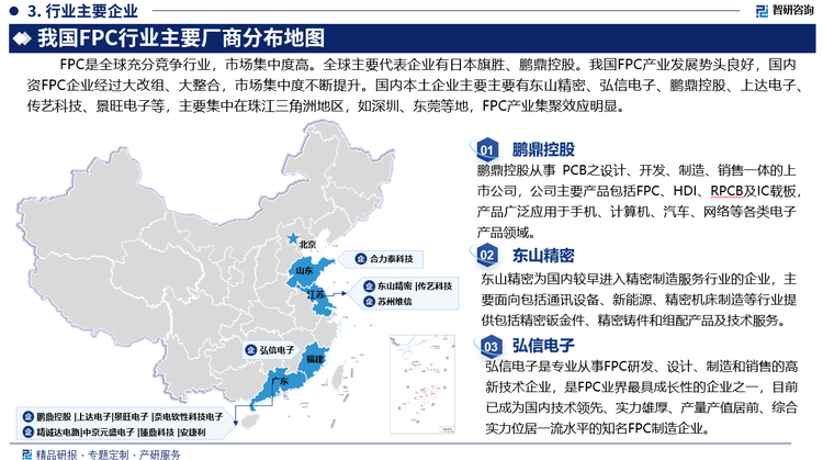 FPC是全球充分竞争行业，市场集中度高。全球主要代表企业有日本旗胜、鹏鼎控股，依次排名全球第一、二位。相较国外发达国家，尽管我国FPC产业起步晚、技术稍显薄弱，但经过多年的发展，我国FPC产业发展势头良好。我国FPC企业经过大改组、大整合，市场集中度不断提升。国内本土企业主要主要有东山精密、弘信电子、鹏鼎控股、上达电子、传艺科技、景旺电子等，主要集中在珠江三角洲地区，如深圳、东莞等地，FPC产业集聚效应明显。