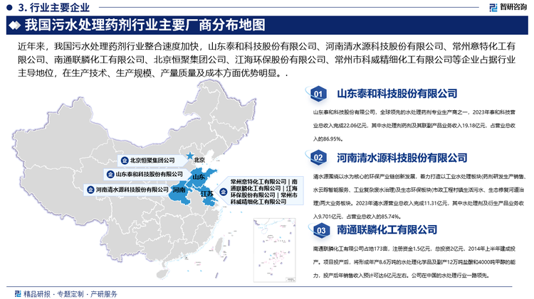 我国污水处理药剂行业主要厂商分布地图