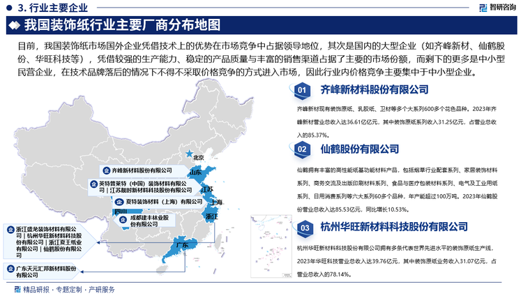 目前，我国装饰纸市场国外企业凭借技术上的优势在市场竞争中占据领导地位，其次是国内的大型企业（如齐峰新材、仙鹤股份、华旺科技等），凭借较强的生产能力、稳定的产品质量与丰富的销售渠道占据了主要的市场份额，而剩下的更多是中小型民营企业，在技术品牌落后的情况下不得不采取价格竞争的方式进入市场，因此行业内价格竞争主要集中于中小型企业。