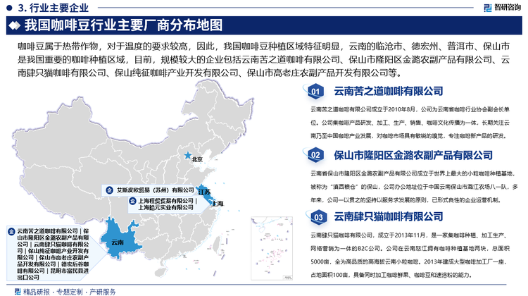 目前，我国咖啡豆种植、加工规模较大的企业包括云南苦之道咖啡有限公司、保山市隆阳区金潞农副产品有限公司、云南肆只猫咖啡有限公司、保山纯征咖啡产业开发有限公司、保山市高老庄农副产品开发有限公司等，近年来，随着下游咖啡行业不断发展，催生消费者对咖啡风味、口感等要求提高，精品咖啡豆成为当前主流，为把握转型机遇，星巴克、瑞幸等品牌开始布局自身咖啡豆产业。