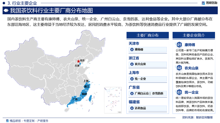 国内茶饮料生产商主要有康师傅、农夫山泉、统一企业、广州白云山、奈雪的茶、达利食品等企业。其中大部分厂商都分布在东部沿海地区，这主要得益于当地经济较为发达，居民的消费水平较高，为茶饮料等快速消费品行业提供了广阔的发展空间。