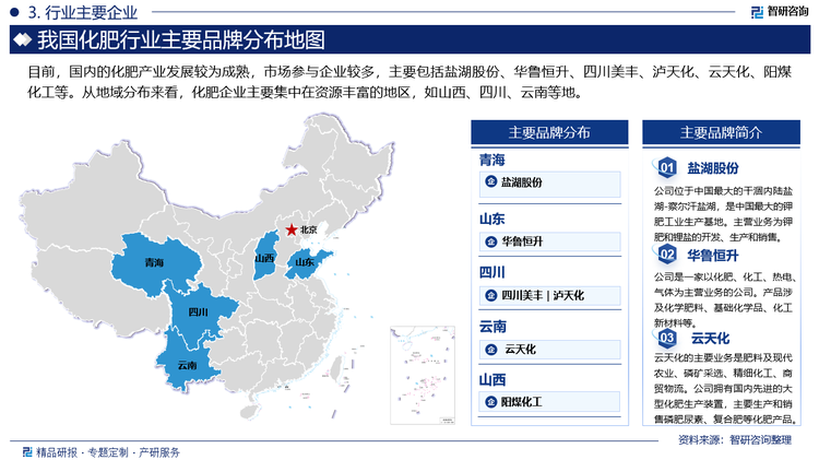 目前，国内的化肥产业发展较为成熟，市场参与企业较多，主要包括盐湖股份、华鲁恒升、四川美丰、泸天化、云天化、阳煤化工等。从地域分布来看，化肥企业主要集中在资源丰富的地区，如山西、四川、云南等地。