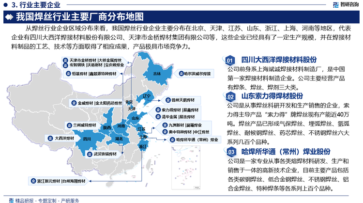 从焊丝行业企业区域分布来看，我国焊丝行业企业主要分布在北京、天津、江苏、山东、浙江、上海、河南等地区，代表企业有四川大西洋焊接材料股份有限公司、天津市金桥焊材集团有限公司等，这些企业已经具有了一定生产规模，并在焊接材料制品的工艺、技术等方面取得了相应成果，产品极具市场竞争力。
