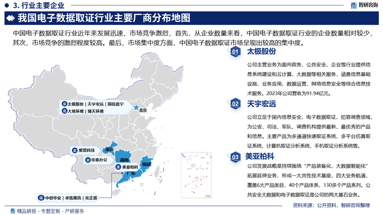 中国电子数据取证行业近年来发展迅速，市场竞争激烈，首先，从企业数量来看，中国电子数据取证行业的企业数量相对较少，其次，市场竞争的激烈程度较高。最后，市场集中度方面，中国电子数据取证市场呈现出较高的集中度。太极股份主营业务为面向政务、公共安全、企业等行业提供信息系统建设和云计算、大数据等相关服务，涵盖信息基础设施、业务应用、数据运营、网络信息安全等综合信息技术服务。2023年公司营收为91.94亿元。天宇宏远立足于国内信息安全、电子数据取证、犯罪调查领域，为公安、司法、军队、调查机构提供最新、最优秀的产品和信息。主要产品为多通道快速取证系统、多平台仿真取证系统、计算机取证分析系统、手机取证分析系统等。美亚柏科发展战略是持续围绕“产品装备化，大数据智能化”拓展延伸业务，形成一大共性技术基座，四大业务航道，覆盖6大产品类目，40个产品体系，130多个产品系列。公共安全大数据和电子数据取证是公司的两大基石业务。