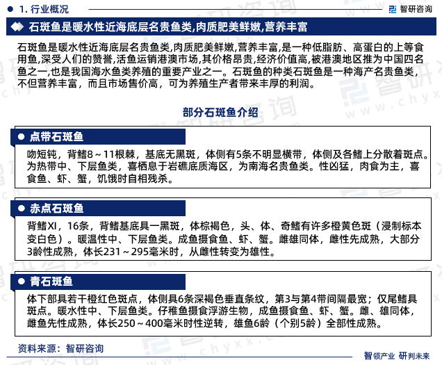 石斑鱼是暖水性近海底层名贵鱼类,肉质肥美鲜嫩,营养丰富,是一种低脂肪、高蛋白的上等食用鱼,深受人们的赞誉,活鱼运销港澳市场,其价格昂贵,经济价值高,被港澳地区推为中国四名鱼之一,也是我国海水鱼类养殖的重要产业之一。石斑鱼的种类石斑鱼是一种海产名贵鱼类，不但营养丰富，而且市场售价高，可为养殖生产者带来丰厚的利润。