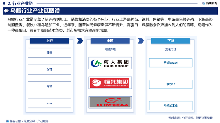 乌鳢行业产业链涵盖了从养殖到加工、销售和消费的各个环节，行业上游是种苗、饲料、网箱等，中游是乌鳢养殖，下游是最终消费者、餐饮业和乌鳢加工业，近年来，随着国民健康意识不断提升，高蛋白、低脂肪食物更加收到人们的青睐，乌鳢作为一种高蛋白、营养丰富的淡水鱼类，其市场需求有望逐步增加。