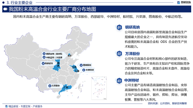 国内粉末高温合金生产商主要有钢研高纳、万泽股份、西部超导、中洲特材、航材院、兴荣源、图南股份、中航迈特等。其中钢研高纳目前是国内高端和新型高温合金制品生产规模最大的企业之一，具有制造先进航空发动机亟需的粉末高温合金和 ODS 合金的生产技术和能力。万泽股份专注高温合金材料和核心部件的研发制造，致力于研发、生产具有自主知识产权和国际竞争力的精密铸造叶片、高温合金粉末盘件、高温母合金及其合金粉末等。中州特材主要产品有铸造高温耐蚀合金制品、变形高温耐蚀合金制品、粉末高温耐蚀合金制品等，主导产品包括铸件、锻件、焊粉、焊丝、弹簧板簧、管板等六大系列。