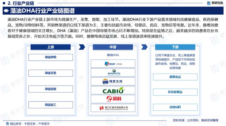 藻油DHA行业产业链上游市场为微藻生产、采集、提取、加工环节。藻油DHA行业下游产品需求领域包括健康食品、医药保健品、宠物/动物饲料等。其销售渠道仍以线下渠道为主，主要包括超市卖场、母婴店、药店、宠物店等场景。近年来，随着消费者对于健康领域的关注增长，DHA（藻油）产品在中国母婴市场占比不断增加。特别是在疫情之后，越来越多的消费者在补充基础营养之外，开始关注免疫力等方面。同时，随着电商迅猛发展，线上渠道渗透率快速提升。