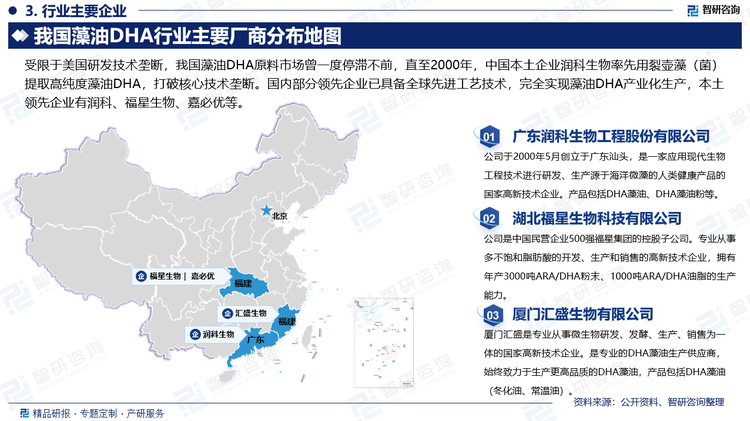 受限于美国研发技术垄断，我国藻油DHA原料市场曾一度停滞不前，直至2000年，中国本土企业润科生物率先用裂壶藻（菌）提取高纯度藻油DHA，打破核心技术垄断。国内部分领先企业已具备全球先进工艺技术，完全实现藻油DHA产业化生产，本土领先企业有广东润科生物工程股份有限公司、湖北福星生物科技有限公司、厦门汇盛生物有限公司、嘉必优生物技术（武汉）股份有限公司 。