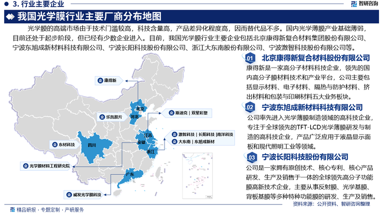 光学膜的高端市场由于技术门滥较高，科技含量高，产品差异化程度高，因而替代品不多。国内光学薄膜产业基础薄弱，目前还处于起步阶段，但已经有少数企业进入。目前，我国光学膜行业主要企业包括北京康得新复合材料集团股份有限公司、宁波东旭成新材料科技有限公司、宁波长阳科技股份有限公司、浙江大东南股份有限公司、宁波激智科技股份有限公司等。