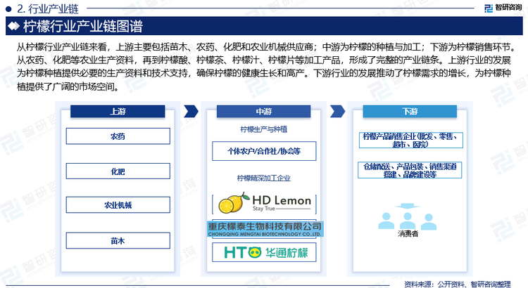 从柠檬行业产业链来看，上游主要包括苗木、农药、化肥和农业机械供应商；中游为柠檬的种植与加工；下游为柠檬销售环节。从农药、化肥等农业生产资料，再到柠檬酸、柠檬茶、柠檬汁、柠檬片等加工产品，形成了完整的产业链条。上游行业的发展为柠檬种植提供必要的生产资料和技术支持，确保柠檬的健康生长和高产。下游行业的发展推动了柠檬需求的增长，为柠檬种植提供了广阔的市场空间。
