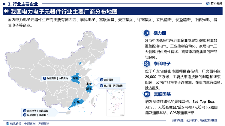 主要企业概况而言，德力西领衔中国低压电气行业企业发展新模式,其业务覆盖配电电气、工业控制自动化、家居电气三大领域,提供高性价比、高效率和高质量的产品与服务。泰科电子位于广东省佛山市顺德区容桂镇，厂房面积达29,000 平方米，主要从事连接器的制造和线束组装，公司产品为电子连接器，在业内享有盛名独占鳌头。富联国基研发制造打印机的无线网卡、Set Top Box、ADSL、无线基地台/蓝牙模块/无线网卡/路由器及通讯基站，GPS等通讯产品