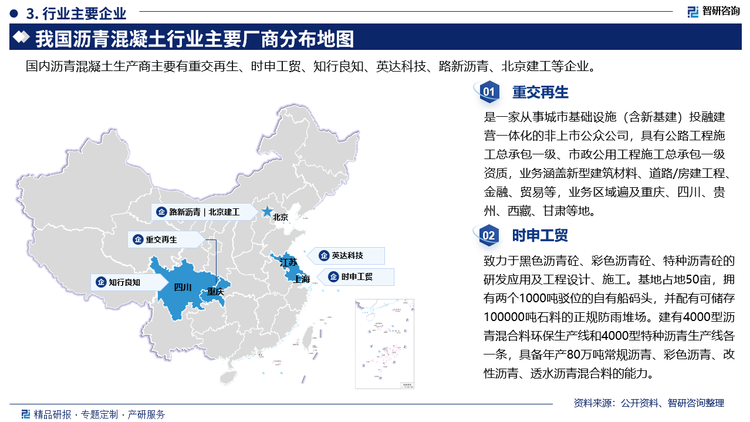主要企业概况，重交再生是一家从事城市基础设施(含新基建)投融建营一体化的非上市公众公司，具有公路工程施工总承包一级、市政公用工程施工总承包一级资质，业务涵盖新型建筑材料、道路/房建工程金融、贸易等，业务区域遍及重庆、四川、贵州、西藏、甘肃等地。时申工贸致力于黑色沥青砼、彩色沥青砼、特种沥青砼的研发应用及工程设计、施工。基地占地50亩，拥有两个1000吨驳位的自有船码头，并配有可储存100000吨石料的正规防雨堆场。建有4000型沥青混合料环保生产线和4000型特种沥青生产线各一条，具备年产80万吨常规沥青、彩色沥青、改性沥青、透水沥青混合料的能力。