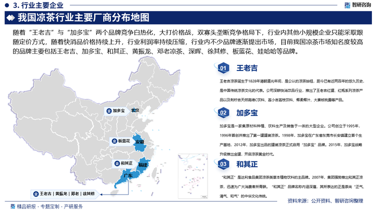 随着“王老吉”与“加多宝”两个品牌竞争白热化，大打价格战，双寡头垄断竞争格局下，行业内其他小规模企业只能采取跟随定价方式，随着快消品价格持续上升，行业利润率持续压缩，行业内不少品牌逐渐提出市场，目前我国凉茶市场知名度较高的品牌主要包括王老吉、加多宝、和其正、黄振龙、邓老凉茶、深晖、徐其修、板蓝花、娃哈哈等品牌。