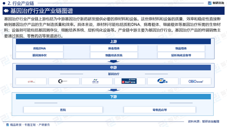 基因治疗行业产业链上游包括为中游基因治疗新药研发提供必要的原材料和设备。这些原材料和设备的质量、效率和稳定性直接影响到基因治疗产品的生产制造质量和效率。具体来说，原材料可能包括质粒DNA、病毒载体、细菌载体等基因治疗所需的生物材料；设备则可能包括基因测序仪、细胞培养系统、层析纯化设备等。产业链中游主要为基因治疗行业。基因治疗产品的终端销售主要通过医院、零售药店等渠道进行。