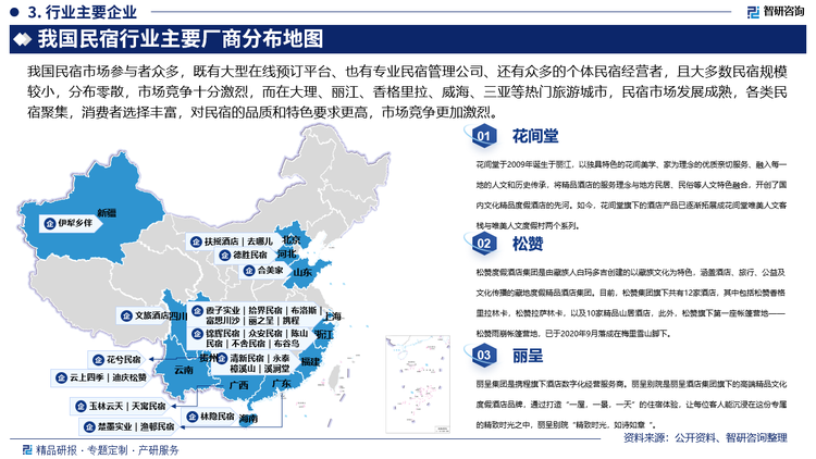 我国民宿市场参与者众多，既有大型在线预订平台、也有专业民宿管理公司、还有众多的个体民宿经营者，且大多数民宿规模较小，分布零散，市场竞争十分激烈，而在大理、丽江、香格里拉、威海、三亚等热门旅游城市，民宿市场发展成熟，各类民宿聚集，消费者选择丰富，对民宿的品质和特色要求更高，市场竞争更加激烈。