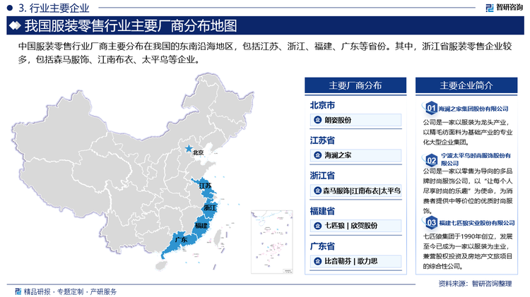 中国服装零售行业厂商主要分布在我国的东南沿海地区，包括江苏、浙江、福建、广东等省份。其中，浙江省服装零售企业较多，包括森马服饰、江南布衣、太平鸟等企业。