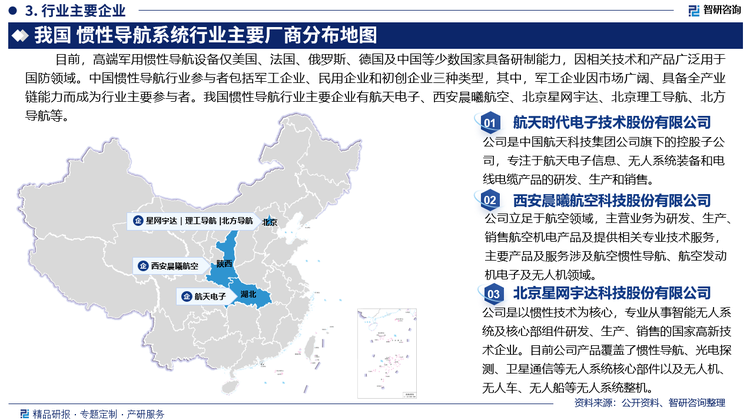 目前，高端军用惯性导航设备仅美国、法国、俄罗斯、德国及中国等少数国家具备研制能力，因相关技术和产品广泛用于国防领域。中国惯性导航行业参与者包括军工企业、民用企业和初创企业三种类型，其中，军工企业因市场广阔、具备全产业链能力而成为行业主要参与者。我国惯性导航行业主要企业有航天时代电子技术股份有限公司、西安晨曦航空科技股份有限公司、北京星网宇达科技股份有限公司、北京理工导航控制科技股份有限公司、北方导航控制技术股份有限公司等。