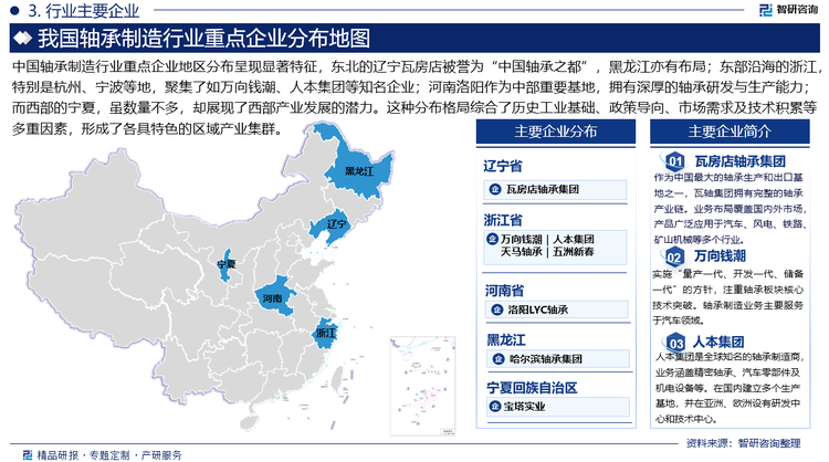 中国轴承制造行业重点企业地区分布呈现显著特征，东北的辽宁瓦房店被誉为“中国轴承之都”，黑龙江亦有布局；东部沿海的浙江，特别是杭州、宁波等地，聚集了如万向钱潮、人本集团等知名企业；河南洛阳作为中部重要基地，拥有深厚的轴承研发与生产能力；而西部的宁夏，虽数量不多，却展现了西部产业发展的潜力。这种分布格局综合了历史工业基础、政策导向、市场需求及技术积累等多重因素，形成了各具特色的区域产业集群。