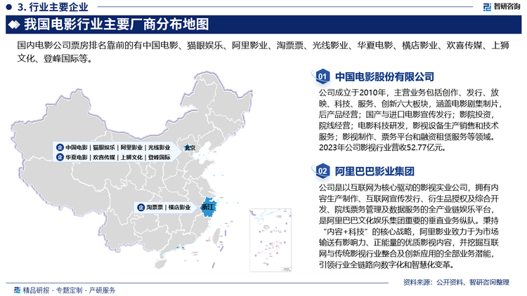 目前，我国电影市场的竞争更多是一种资源垄断式的竞争。在电影市场具有较强号召力和影响力的电影公司，例如中国电影、光线传媒、万达电影等影视企业已经占据了国内电影投资市场的较大份额。在国内电影发行市场，也主要由中国电影、华夏电影、中影股份、光线传媒等公司占据了绝大部分市场份额。在现阶段的电影市场竞争格局中，投资制片方、发行方、院线和影院的投资主体日益呈现出集中化趋势，这为国内形成规模较大、资源较为集中的大型电影企业创造了条件。随着电影行业的规范和监管政策的逐步放开，预计未来3至5年内行业中将会出现更多的收购兼并行为，国际电影资本也将逐步进入相关领域，我国的电影市场竞争或将愈加激烈。