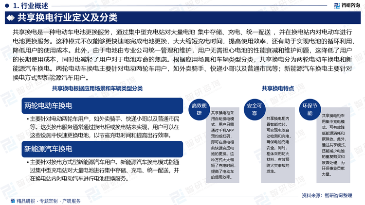 共享换电是一种电动车电池更换服务，通过集中型充电站对大量电池 集中存储、充电、统一配送 ，并在换电站内对电动车进行电池更换服务。这种模式不仅能够更快速地完成电池更换，大大缩短充电时间，提高使用效率，还有助于实现电池的循环利用，降低用户的使用成本。此外，由于电池由专业公司统一管理和维护，用户无需担心电池的性能衰减和维护问题，这降低了用户的长期使用成本，同时也减轻了用户对于电池寿命的焦虑。根据应用场景和车辆类型分类，共享换电分为两轮电动车换电和新能源汽车换电。两轮电动车换电主要针对电动两轮车用户，如外卖骑手、快递小哥以及普通市民等；新能源汽车换电主要针对换电方式型新能源汽车用户。