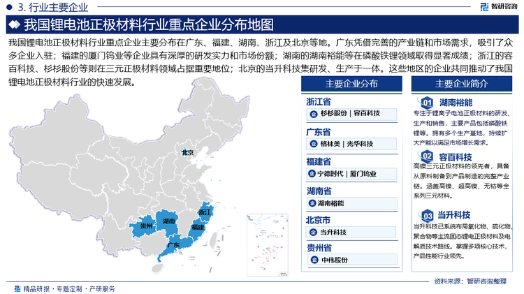 我国锂电池正极材料行业重点企业主要分布在广东、福建、湖南、浙江及北京等地。广东凭借完善的产业链和市场需求，吸引了众多企业入驻；福建的厦门钨业等企业具有深厚的研发实力和市场份额；湖南的湖南裕能等在磷酸铁锂领域取得显著成绩；浙江的容百科技、杉杉股份等则在三元正极材料领域占据重要地位；北京的当升科技集研发、生产于一体。这些地区的企业共同推动了我国锂电池正极材料行业的快速发展。