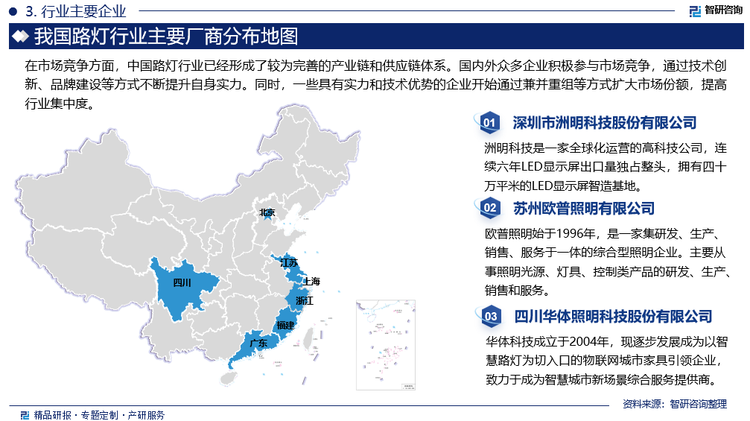 在市场竞争方面，中国路灯行业已经形成了较为完善的产业链和供应链体系。国内外众多企业积极参与市场竞争，通过技术创新、品牌建设等方式不断提升自身实力。同时，一些具有实力和技术优势的企业开始通过兼并重组等方式扩大市场份额，提高行业集中度。全球知名照明企业如飞利浦照明、欧司朗、法格赫等在渠道运营、品牌建设等方面具备先发优势，业务规模巨大，且头部企业加速整合，凭借技术及品牌营销等优势，主要通过ODM/OEM模式向发展中国家制造企业采购路灯产品，进行全球化布局。我国路灯行业市场规模较大，行业内公司众多、市场集中度低，单家企业的市场份额相对较小，尚未形成具有绝对优势的龙头企业。一些传统的路灯企业如洲明科技、华体科技、得邦照明、欧普照明等也在积极转型升级，通过引入新技术、新产品等方式提升自身竞争力。同时，一些新兴的科技公司如信达光电也加入了竞争行列，为路灯行业带来了新的活力。