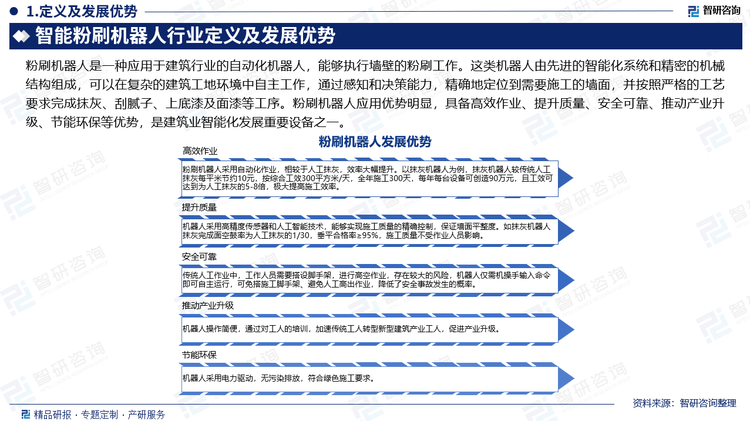 粉刷机器人应用优势明显，是建筑业智能化发展重要设备之一。具备以下优势：（1）高效作业。粉刷机器人采用自动化作业，相较于人工抹灰，效率大幅提升。以抹灰机器人为例，抹灰机器人较传统人工抹灰每平米节约10元，按综合工效300平方米/天，全年施工300天，每年每台设备可创造90万元，且工效可达到为人工抹灰的5-8倍，极大提高施工效率。（2）提升质量。机器人采用高精度传感器和人工智能技术，能够实现施工质量的精确控制，保证墙面平整度。如抹灰机器人抹灰完成面空鼓率为人工抹灰的1/30，垂平合格率≥95%，施工质量不受作业人员影响。（3）安全可靠。传统人工作业中，工作人员需要搭设脚手架，进行高空作业，存在较大的风险，机器人仅需机操手输入命令即可自主运行，可免搭施工脚手架、避免人工高出作业，降低了安全事故发生的概率。（4）推动产业升级。机器人操作简便，通过对工人的培训，加速传统工人转型为新型建筑产业工人，促进产业升级。（5）节能环保。机器人采用电力驱动，无污染排放，符合绿色施工要求。