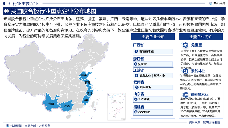 我国胶合板行业重点企业广泛分布于山东、江苏、浙江、福建、广西、云南等地，这些地区凭借丰富的林木资源和完善的产业链，孕育众多实力雄厚的胶合板生产企业。这些企业不仅注重技术创新和产品研发，以提高产品质量和附加值，还积极拓展国内外市场，加强品牌建设，提升产品的知名度和竞争力。在政府的引导和支持下，这些重点企业正推动着我国胶合板行业朝着更加健康、有序的方向发展，为行业的可持续发展奠定了坚实基础。