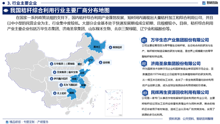 目前，秸杆综合利用产业主要企业包括万华生态产业集团股份有限公司、济南圣泉集团股份有限公司、山东稼禾生物股份有限公司、北京三聚绿能科技有限公司、辽宁金和福农业科技股份有限公司等。其中，圣泉集团是以化学新材料和生物质新材料、新能源相关产品的研发、生产、销售为主营业务的高新技术企业。2023年，圣泉集团实现营业收入91.20亿元，同比下降4.98%；主要系产品价格下降所致；营业成本70.20亿元，同比下降7.34%，主要系原材料价格下降所致；实现归属于母公司所有者的净利润7.89亿元，同比增长12.23%。