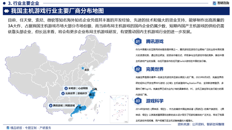 目前，任天堂、索尼、微软等知名海外知名企业凭借其丰富的开发经验、先进的技术和强大的资金支持，能够制作出高质量的3A大作，占据我国主机游戏市场大部分市场份额，而当前布局主机游戏的国内企业仍属少数，据《2024年全球主机游戏市场调查报告》数据显示，受访企业中占比仅为4.9%，但已有39.3%的企业有计划布局主机游戏，且17.2%的企业已在筹备，2024年《黑神话：悟空》的上线带动了我国主机游戏市场规模、用户规模乃至主机设备销量的大幅增长，展现了国产主机游戏的潜力，但总体而言，国产主机游戏在数量和质量上与海外大作相比仍存在差距，短期内国产主机游戏的供给仍需依靠头部企业，但长远来看，将会有更多企业布局主机游戏研发，有望推动国内主机游戏行业的进一步发展。