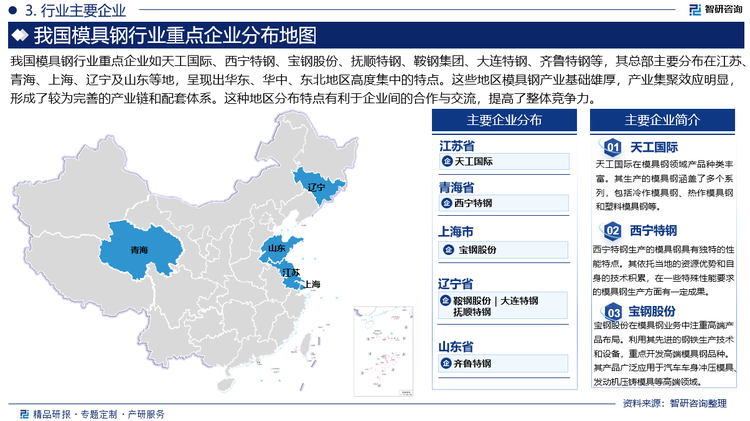 我国模具钢行业重点企业如天工国际、西宁特钢、宝钢股份、抚顺特钢、鞍钢集团、大连特钢、齐鲁特钢等，其总部主要分布在江苏、青海、上海、辽宁及山东等地，呈现出华东、华中、东北地区高度集中的特点。这些地区模具钢产业基础雄厚，产业集聚效应明显，形成了较为完善的产业链和配套体系。这种地区分布特点有利于企业间的合作与交流，提高了整体竞争力。