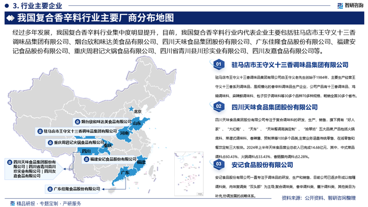 经过多年发展，我国复合香辛料行业集中度明显提升，目前，我国复合香辛料行业内代表企业主要包括驻马店市王守义十三香调味品集团有限公司、烟台欣和味达美食品有限公司、四川天味食品集团股份有限公司、广东佳隆食品股份有限公司、福建安记食品股份有限公司、重庆周君记火锅食品有限公司、四川省青川县川珍实业有限公司、四川友嘉食品有限公司等，上述企业在技术研发、品牌建设、市场推广等方面有着丰富的经验和强大的实力，在我国复合香辛料市场据重要地位。